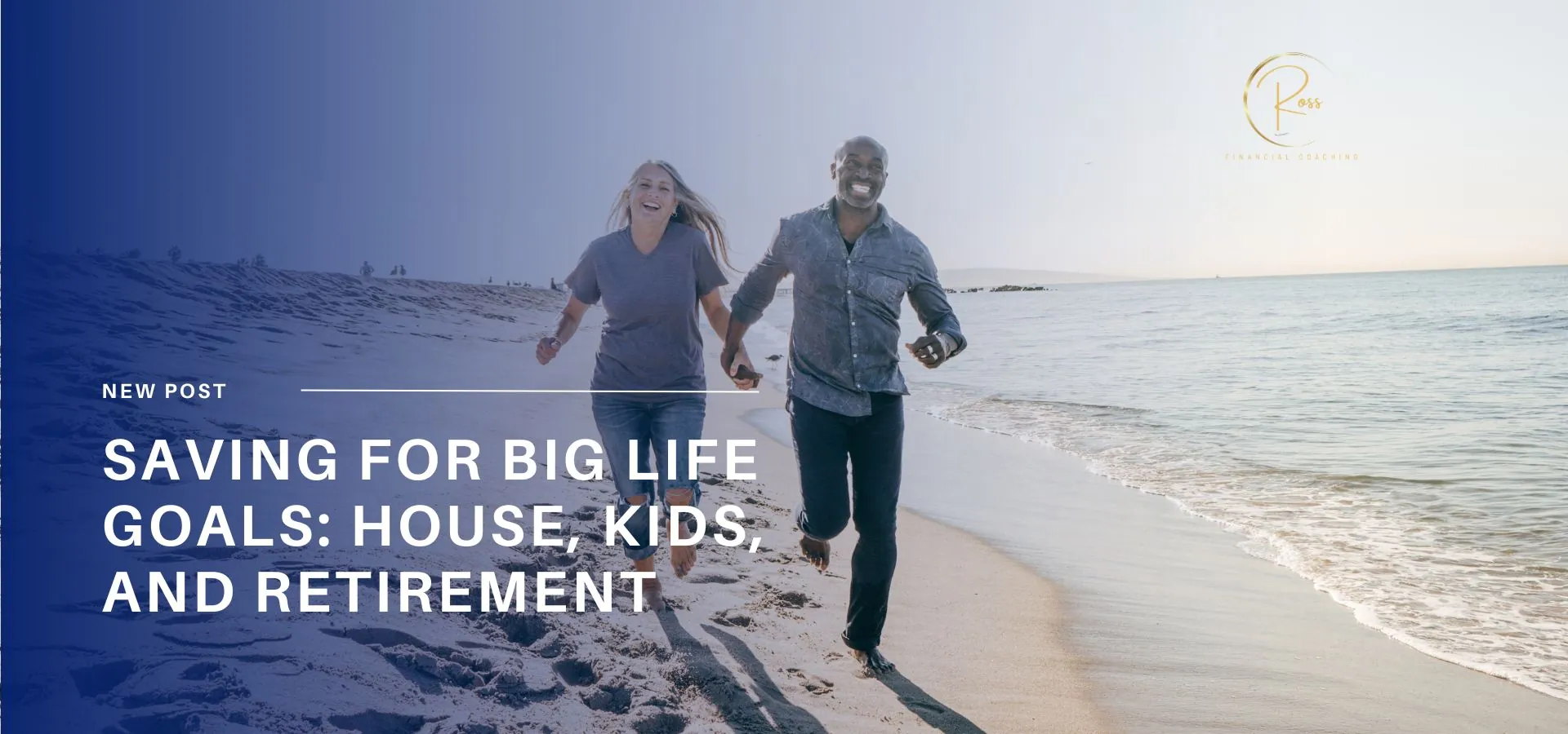 Happy Couple running in the beach thinking of big life goals